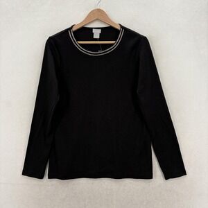 Chico's Shirt Womens 1 Black Beaded Crew Neck Long Sleeve Knit Tee Casual NWT